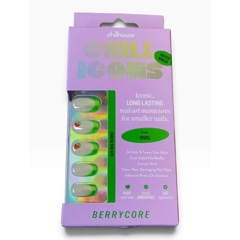 Chillhouse Chill Icons Berrycore Petite Press-On Nails Oval Strawberry Green Tip